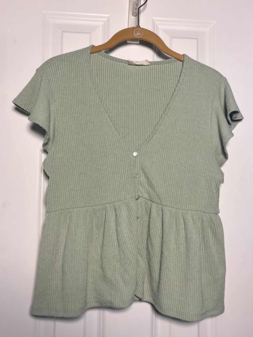 Altar'd State Women's Large Sage Green Ribbed Peplum Short Sleeve Top
